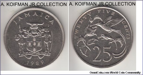 KM-49, 1989 Jamaica 25 cents; copper-nickel, reeded edge; streamer tailed hummingbird, bright proof like uncirculated.