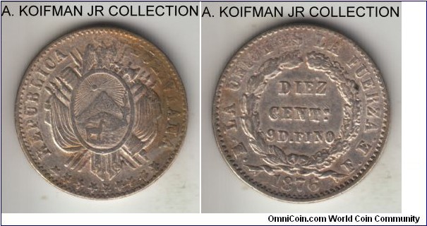 KM-158.2, 1876 Bolivia 10 centavos, Potosi mint (PTS mintmark in monogram), FE essayer initials; silver, reeded edge; struck with rusted or degraded die, as common for the period.