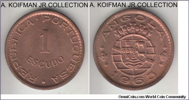 KM-76, 1963 Portuguese Angola escudo; bronze, plain edge; colonial period, mostly red uncirculated, few tiny carbon dots.