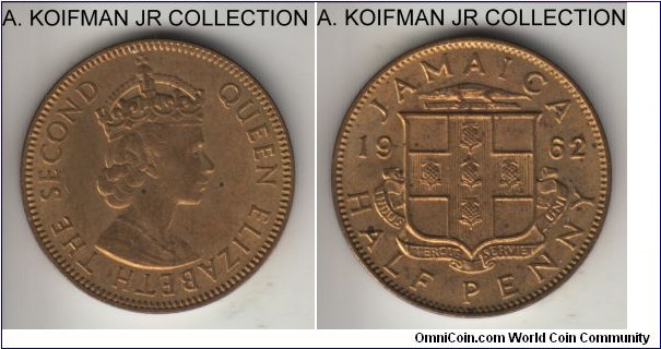 KM-36, 1962 Jamaica half penny; nickel-brass, plain edge; Elizabeth II, average dark red uncirculated, few carbon spots.
