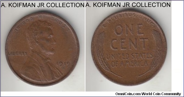 KM-132, 1919 United States of America cent, San Francisco mint (S mint mark); bronze, plain edge; Lincoln 