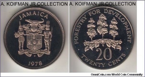KM-73, 1978 Jamaica 20 cents, Franklin Mint (FM mint mark in monogram); proof, copper-nickel, plain edge; FAO themed, the whole type is small mintage although Krause does not indicate mintage, 6,058 sets were issued that year, obverse is nice cameo proof, reverse has some minimal toning/hazing.