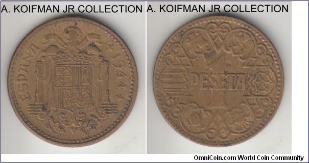 KM-765, 1944 Spain peseta; aluminum-bronze, reeded edge; 1-year type minted during Fraco rule and World War II, average circulated.