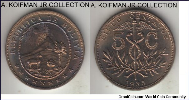 KM-178, 1935 5 centavos; copper-nickel, plain edge; 1-year type, bluish toned choice or better uncirculated.