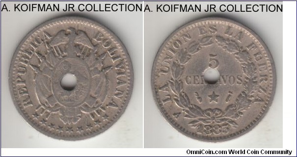 KM-169.2, 1883 Bolivia 5 centavos, Paris mint; copper-nickel, plain edge, mint holed; initially issued without a hole, coins were re-holed from circulation to avoid similarity with silver coinage, average circulated almost very fine.