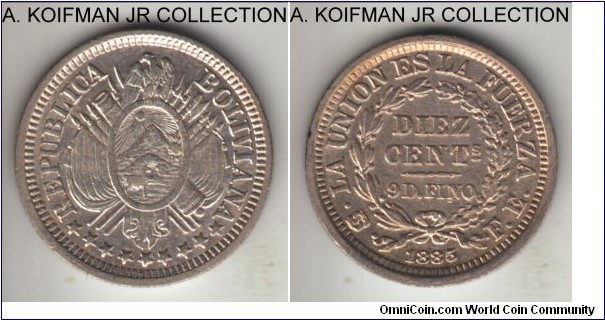 KM-158.3, 1885 Bolivia 10 centavos, Potosi mint (PTS mint mark in monogram), FE essayer initials; silver, reeded edge; uncirculated with golden toned reverse.