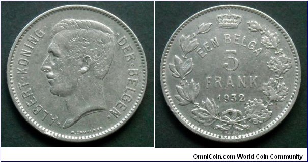 Belgium 5 francs.
1932, Dutch text. Nickel.