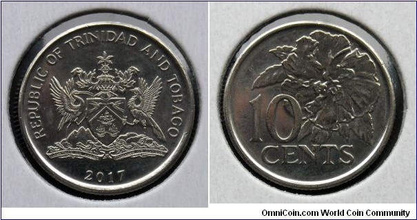Trinidad and Tobago 10 cents. 2017, Copper-nickel plated steel. Magnetic.