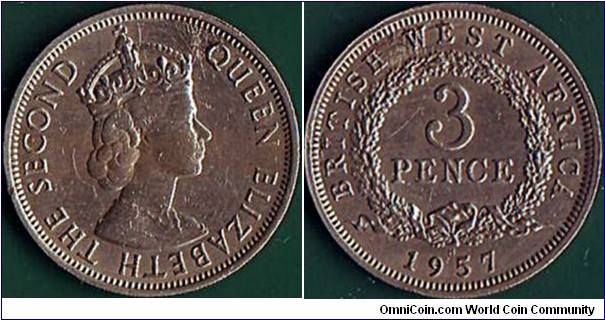 British West Africa 1957 H 3 Pence.

A scarce type coin!