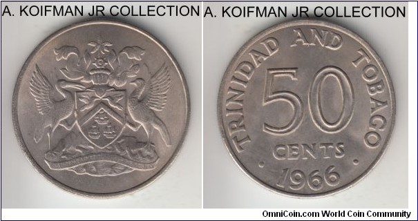 KM-5, 1966 Trinidad & Tobago 50 cents; copper nickel, reeded edge; first year of coinage, average uncirculated.