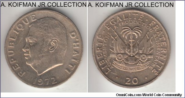 KM-100, 1972 Haiti 20 centimes; copper-nickel, plain edge; Jean-Claude Duvalier, FAO circulation commemorative issue, average uncirculated.
