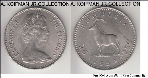KM-4, 1964 Rhodesia 25 cents (2 1/2 crown); copper-nickel, reeded edge; Elizabeth II, 1-year transitional coinage, choice uncirculated specimen, kept for minor lamination on reverse, shown as streak.