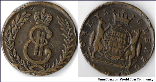 Siberia 5 kopeks dated 1778 (reeded edge). Weighs in at 26 grams. KM mint mark