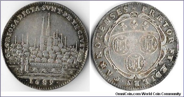 very scarce silver jeton of the city of Chartres (city view) dated 1689.
