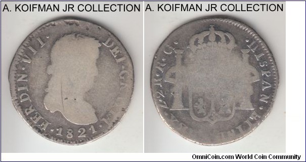 KM-93.4, 1821 Mexico (Royalist) 2 reals Zacatecas mint (Z mit mark), RG essayer initials; silver, corded edge; Ferdinand VII, Zacatecas Royalist coinage during the War of Independence, well circulated and polished, likely ex-jewelry.