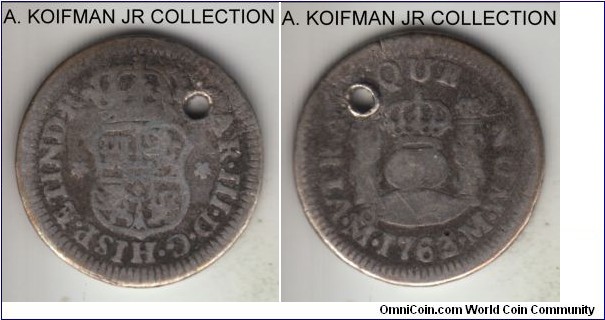 KM-68, 1763 Mexico 1/2 real; silver; Mexico City (M mintmark); silver, corded edge; Charles III, very good or so, holed.