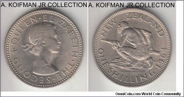 KM-27.2, 1964 New Zealand shilling; copper-nickel, reeded edge; Elizabeth II, common late year, nice choice uncirculated.