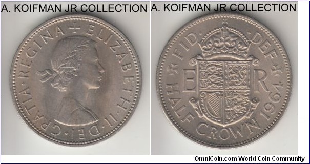 KM-907, 1964 Great Britain 1/2 crown; copper-nickel, reeded edge; Elizabeth II, smaller mintage, nicer uncirculated specimen.