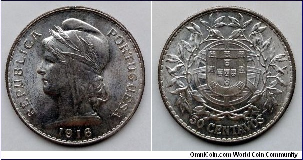 Portugal 50 centavos.
1916, Ag 835. Weight; 12,5g.