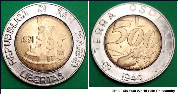 San Marino 500 lire.
1991, Terra Ospitale 1944 (II)