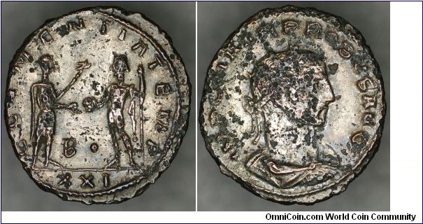 280-281Ad Probus Silvered Antoninianus. CLEMENTIA TEMP, Probus standing right, holding sceptre, receiving Victory from Jupiter standing left, holding sceptre. Officina letter B dot in left Field. IMP CM AVR PROBVS AVG, radiate draped bust right. Mintmark XXI=Antioch.