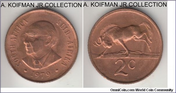 KM-99, 1979 South Africa (Republic) 2 cents; bronze, reeded edge; 1-year circulation commemorative celebrating the end of president Diedrich's term, mostly red uncirculated.