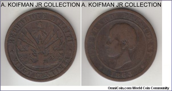 KM-41, 1863 Haiti 20 centimes, Heaton mint (UK, HEATON mint mark); bronze, plain edge; President Geffrard, 1-year circulation type, dark brown good fine.