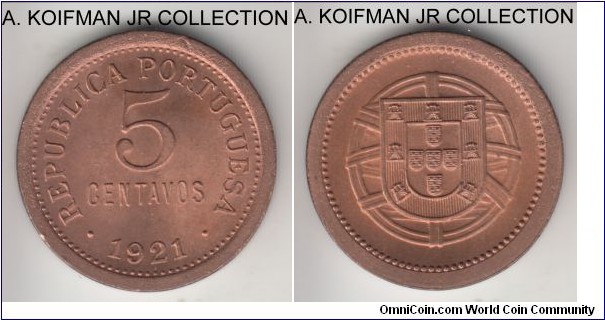 KM-569, 1921 Portugal 5 centavos; bronze, plain edge; early Republican coinage, larger type, common but nice red uncirculated.