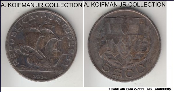 KM-581, 1934 Portugal 5 escudos; silver, reeded edge; dark toned, good fine or so.