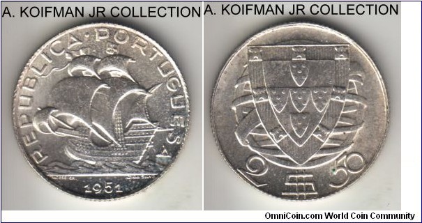 KM-580, 1951 Portugal 2.5 escudo; silver, reeded edge; last year of the type, common but blasting white uncirculated.