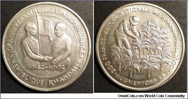 Rwanda 200 francs.
1972, 10th Anniversary of Independence / F.A.O. Ag 800. Weight; 18g. (II)