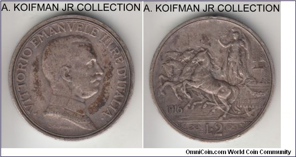 KM-55, 1916 Italy (Kingdom) 2 lire, Rome mint (R mint mark); silver, lettered edge; Vittorio Emmanuele III, more common of the 4-year type, very fine or so with darker toning.