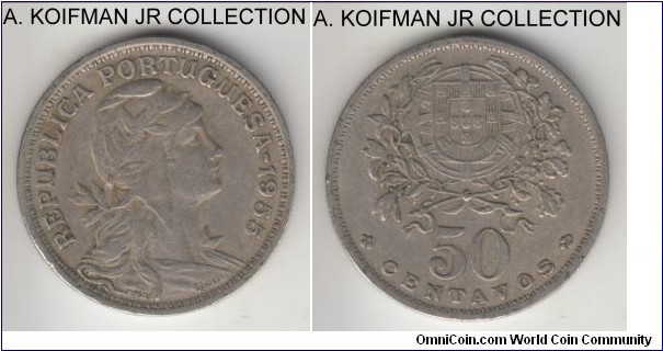 KM-577, 1955 Portugal 50 centavos; copper-nickel, reeded edge; decent circulated.