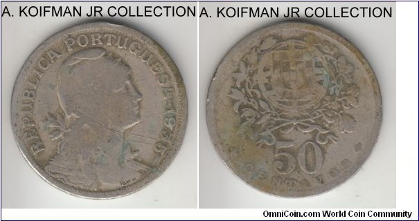KM-577, 1935 Portugal 50 centavos; copper nickel, reeded edge; intended for use in the Azores, this year was the smallest mintage of the type, very good, couple of scratches on obverse.