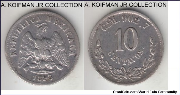 KM-403.1, 1893 Mexico 10 centavos, Chihuahua mint  (CaM mintmark); silver, reeded edge; mintage 246,000, very fine or so.