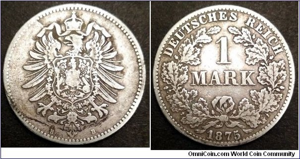 German Empire 1 mark. 1875, B - Hanover. Ag 900.