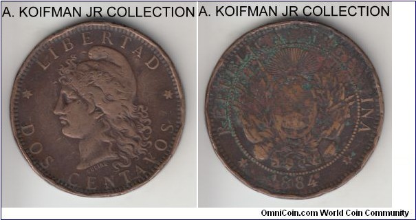 KM-33, 1890 Argentina 2 centavos; bronze, plain edge; well circulated, cleaned, edge bruising and verdigris.