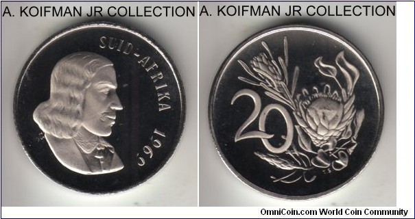 KM-69.2, 1969 South Africa (Republic) 20 cents; proof, nickel, plain edge; SUID AFRIKA legend, first decimal coinage, cameo or deep cameo specimen from one of the 12,000 proof sets.