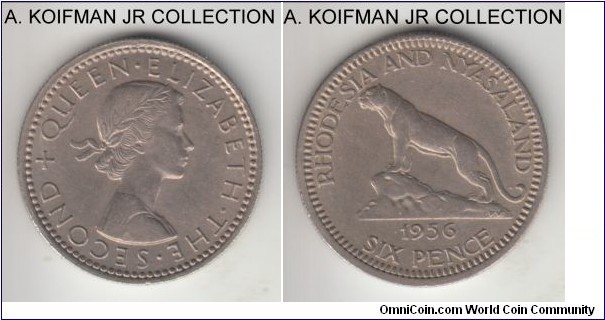KM-4, 1956 Rhodesia & Nyasaland 6 pence; copper-nickel, reeded edge; Elizabeth II, extra fine to good extra fine.