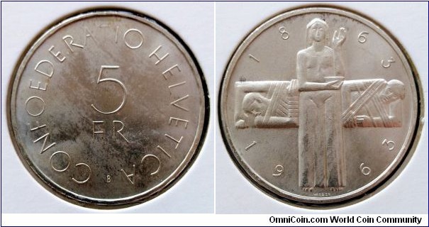 Switzerland 5 francs.
1963 B, Red Cross Centennial. Ag 835.
Weight; 15g.