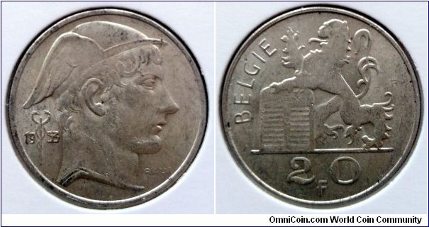 Belgium 20 francs.
1953, Dutch text. Ag 835. Weight; 8g.