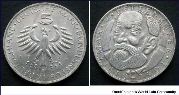 German Federal Republic (West Germany) 5 mark. 1968 D, 150th Anniversary of the birth of Max von Pettenkofer. Ag 625. Weight; 11,2g.