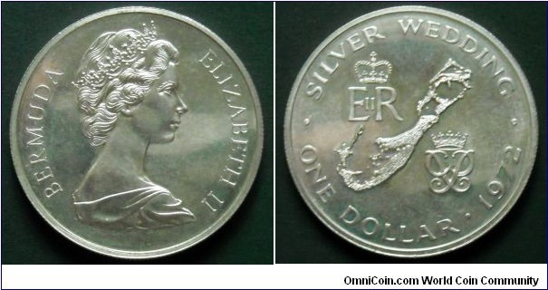 Bermuda 1 dollar.
1972, 25th Anniversary of the Wedding of Queen Elizabeth II and Prince Philip. Ag 500. Weight; 28,28g. Mintage: 75.047 pcs.