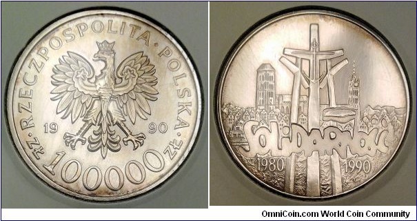 Poland 100000 złotych. 1990, Solidarność 1980-1990. Solidarity. Ag 999. Weight; 31,1g