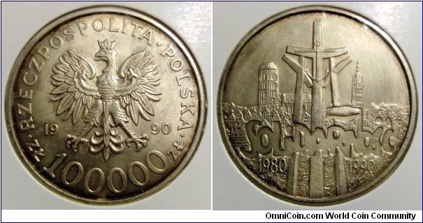 Poland 100000 złotych. 1990, Solidarność 1980-1990. Solidarity. Ag 999. Weight; 31,1g (II)
