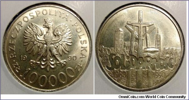 Poland 100000 złotych. 1990, Solidarność 1980-1990. Solidarity. Ag 999. Weight; 31,1g (III)