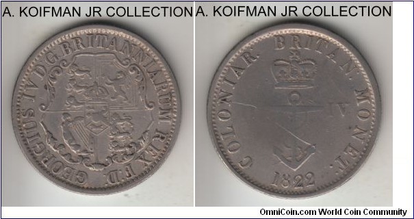 KM-3, British West Indies 1/4'th dollar; silver, reeded edge; George IV, non-overdate variety, first 2 in the date is re-cut, mintage 71,000, well circulated, couple of thin scratches.