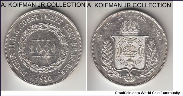 KM-465, 1856 Brazil (Empire) 1000 reis; silver, reeded edge; Pedro II, uncirculated or almost details, very likely cleaned at some point as customary with Brazilian coins.