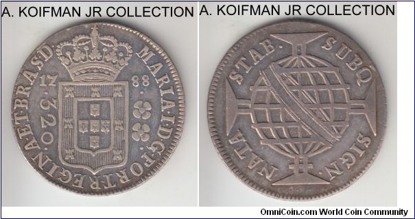 KM-221.1, 1788 Brazil 320 reis, Lisbon mint; silver, corded edge; Maria I, scarce with mintage of 19,000, extraordinarly nice good extra fine reverse, slightly off center, ex-jewelry.