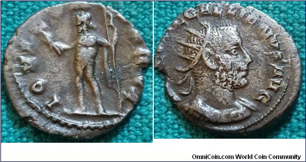 253-260Ad Gallienus; joint reign with Valerian, Antoninianus. IOVICON-SERVA Jupiter standing L holding thunderbolt & sceptre.  IMP CP LIC GALLIENUS AUG. 